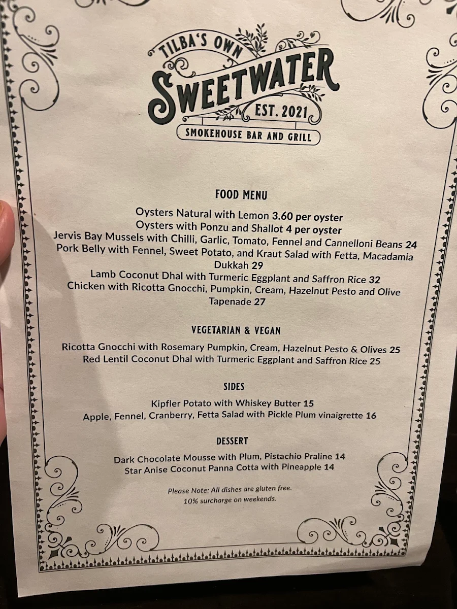 Menu, Sweetwater Tilba