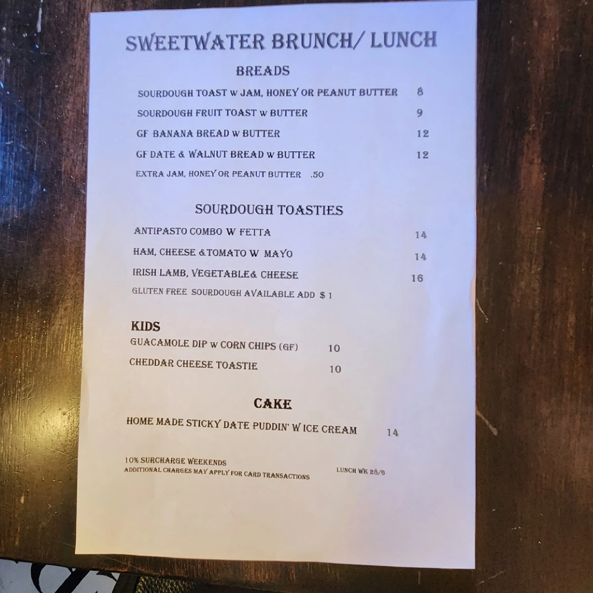 Menu, Sweetwater Tilba
