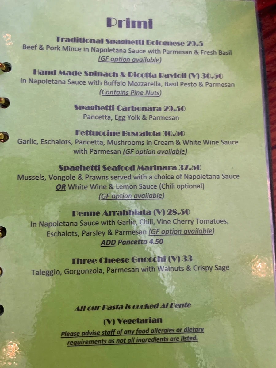 Menu, Capanno Trattoria Bar and Grill