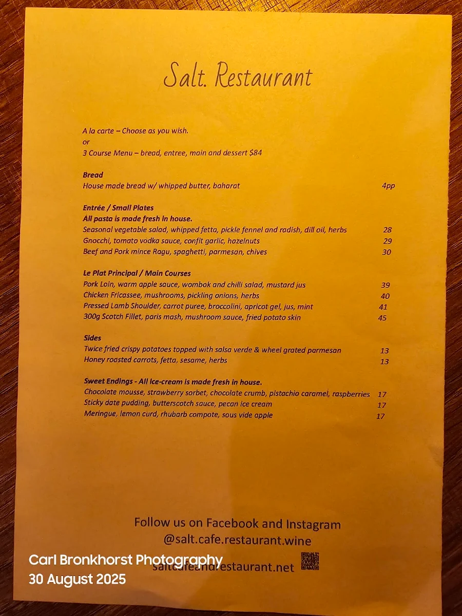 Menu, Salt Restaurant Warrnambool