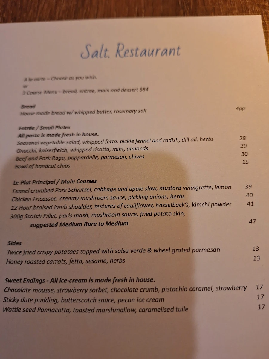 Menu, Salt Restaurant Warrnambool