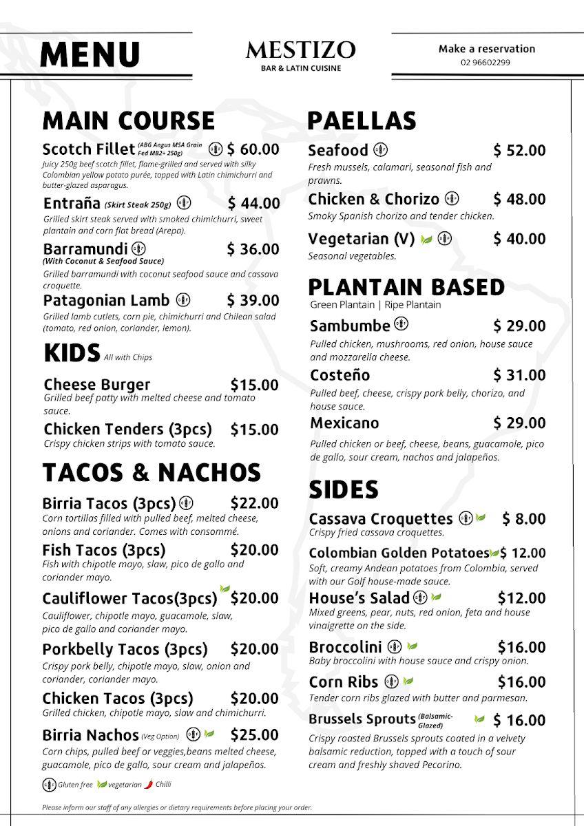Menu, Mestizo Bar and Latin Cuisine