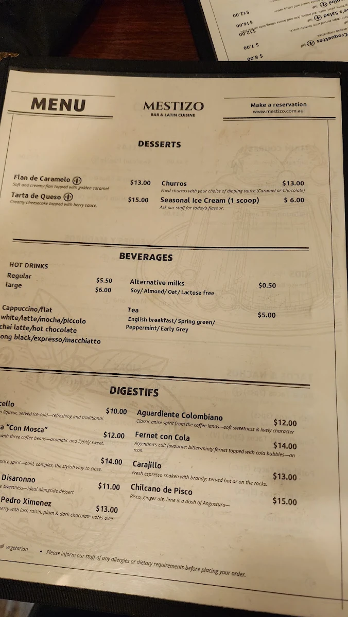 Menu, Mestizo Bar and Latin Cuisine