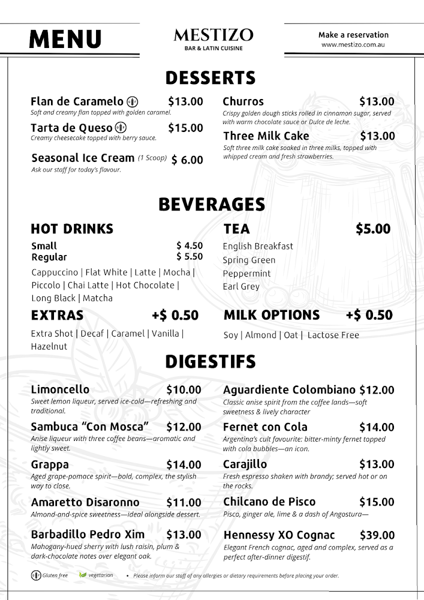 Menu, Mestizo Bar and Latin Cuisine
