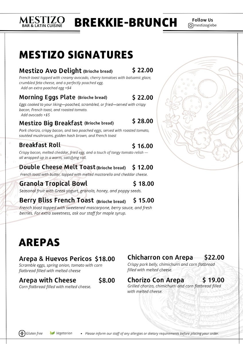 Menu, Mestizo Bar and Latin Cuisine