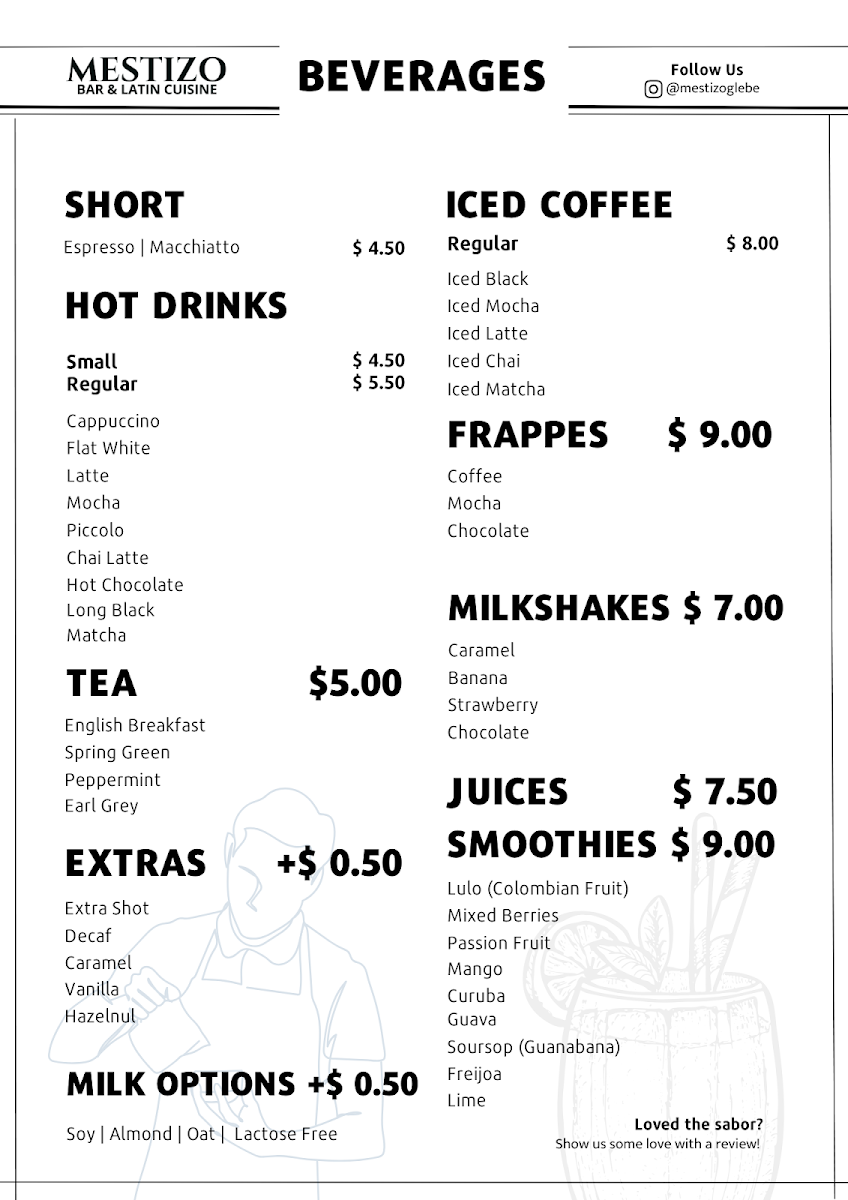 Menu, Mestizo Bar and Latin Cuisine