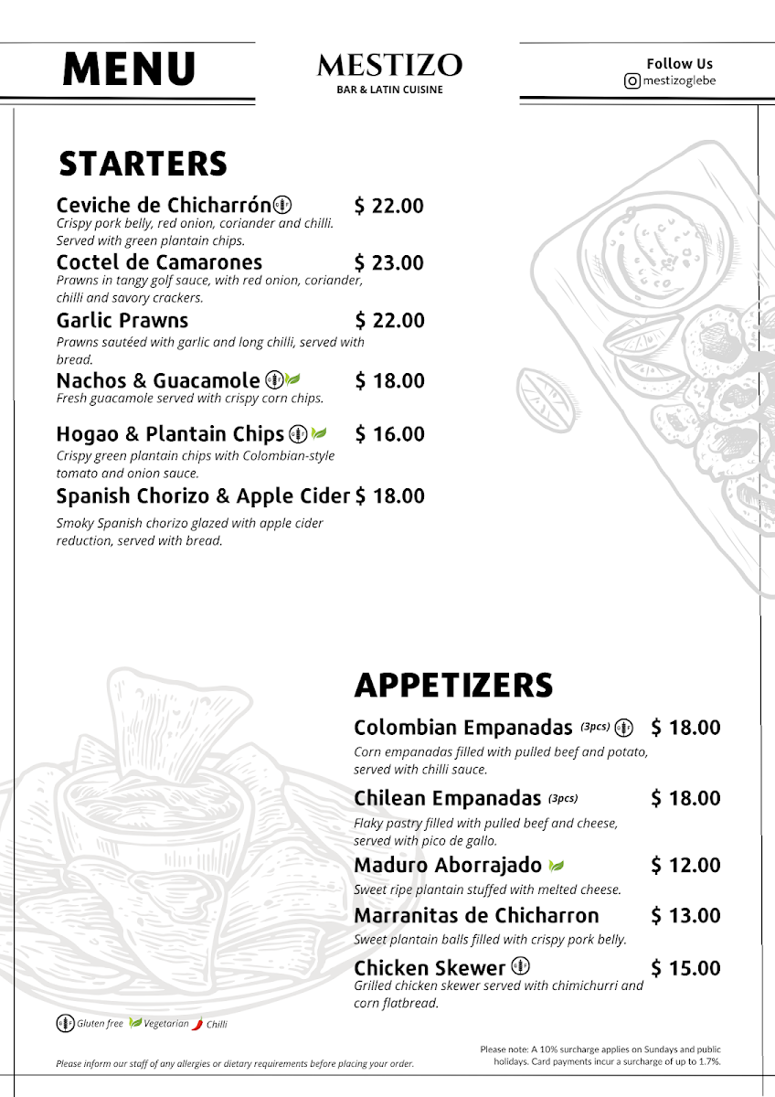 Menu, Mestizo Bar and Latin Cuisine