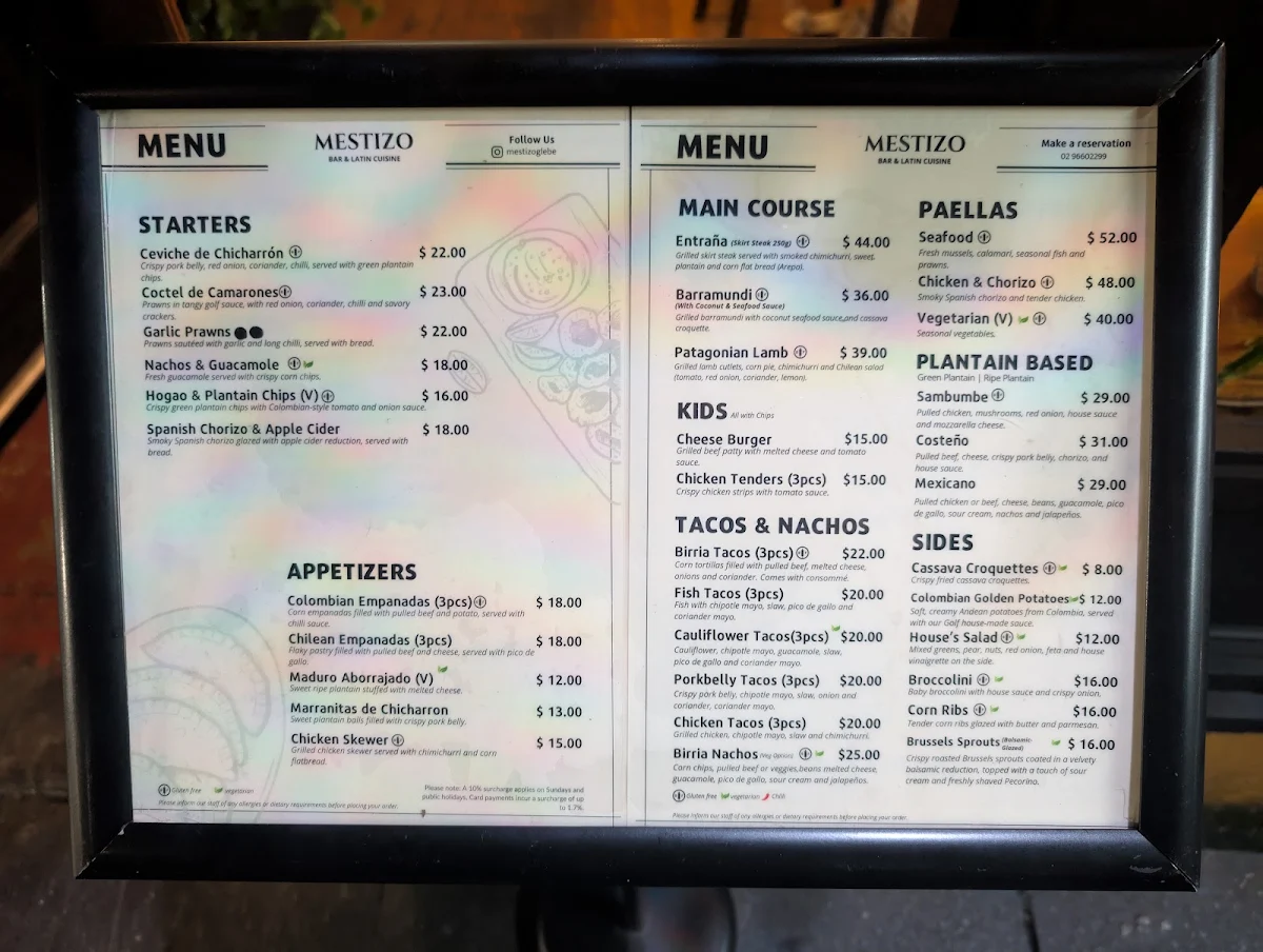Menu, Mestizo Bar and Latin Cuisine