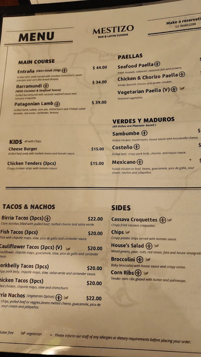 Menu, Mestizo Bar and Latin Cuisine