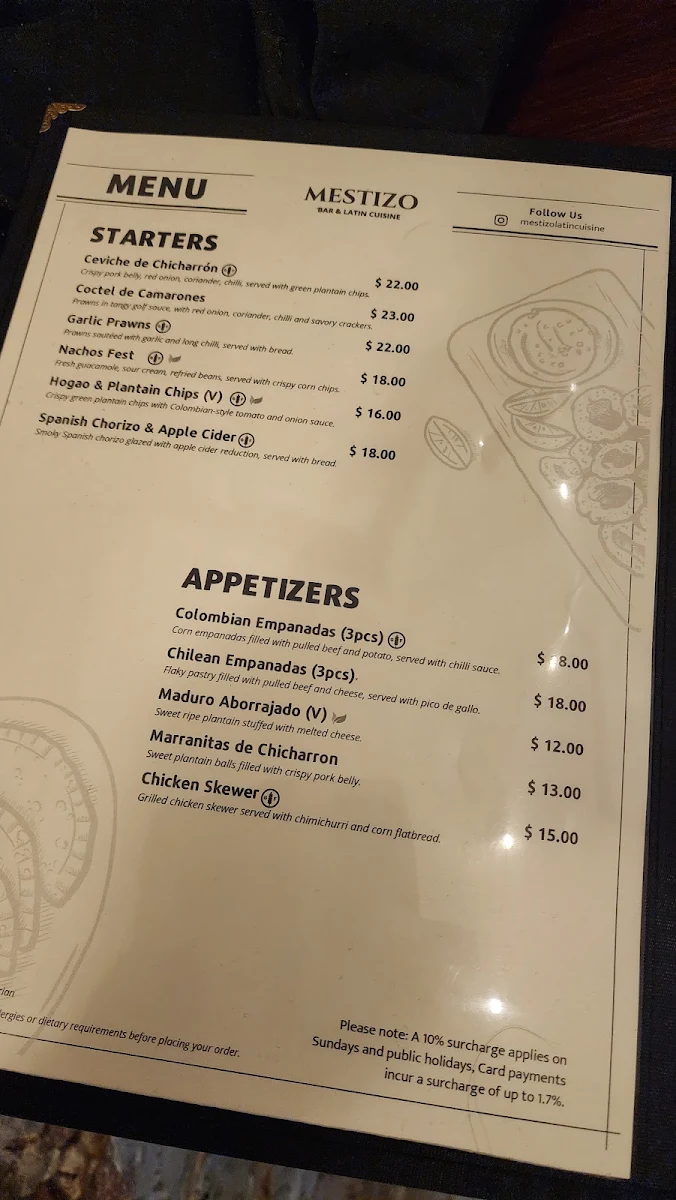 Menu, Mestizo Bar and Latin Cuisine