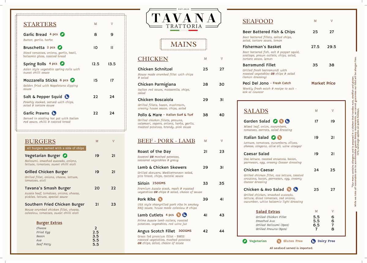 Menu, Tavana Trattoria