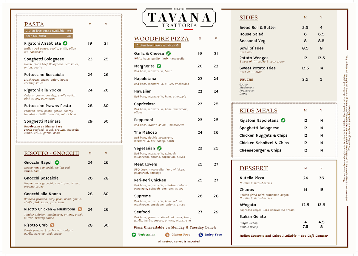 Menu, Tavana Trattoria
