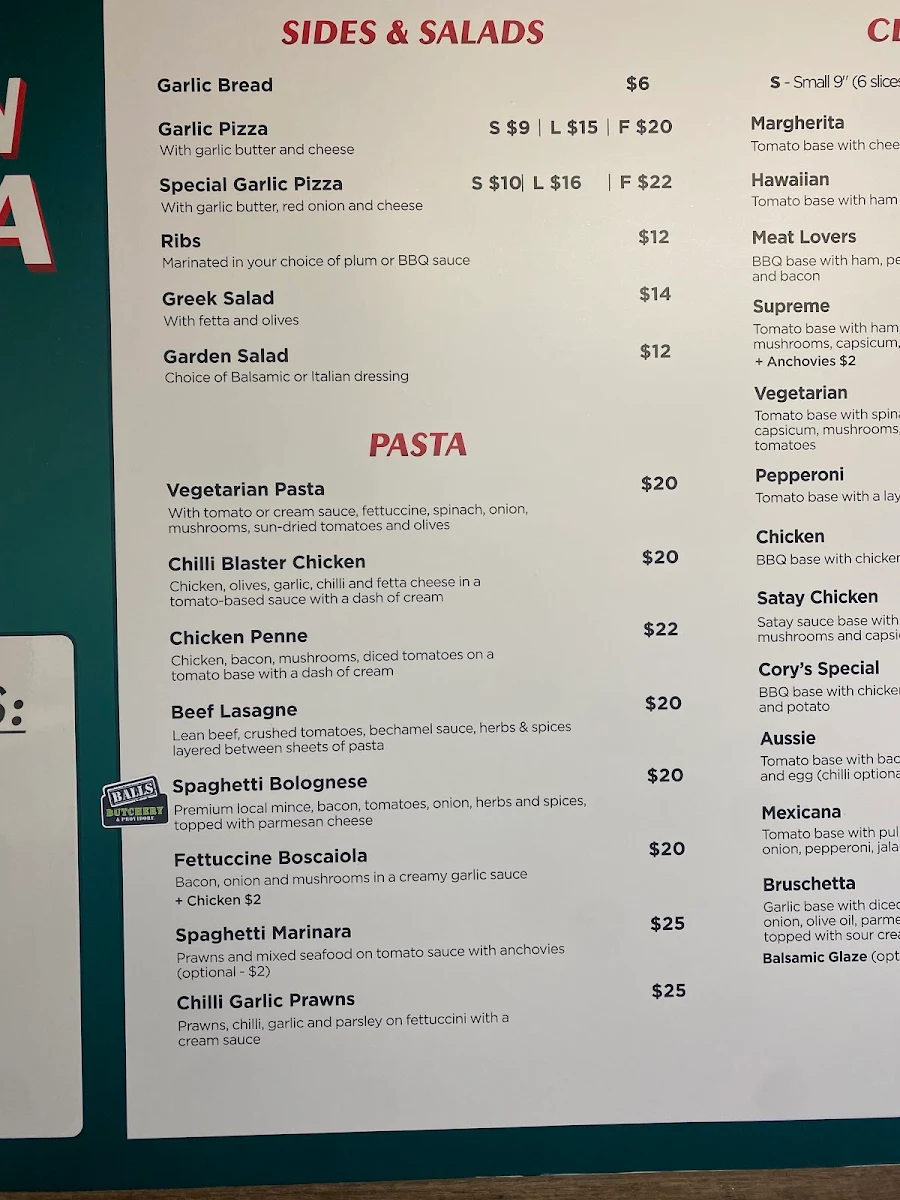 Menu, Paragon Pizzeria