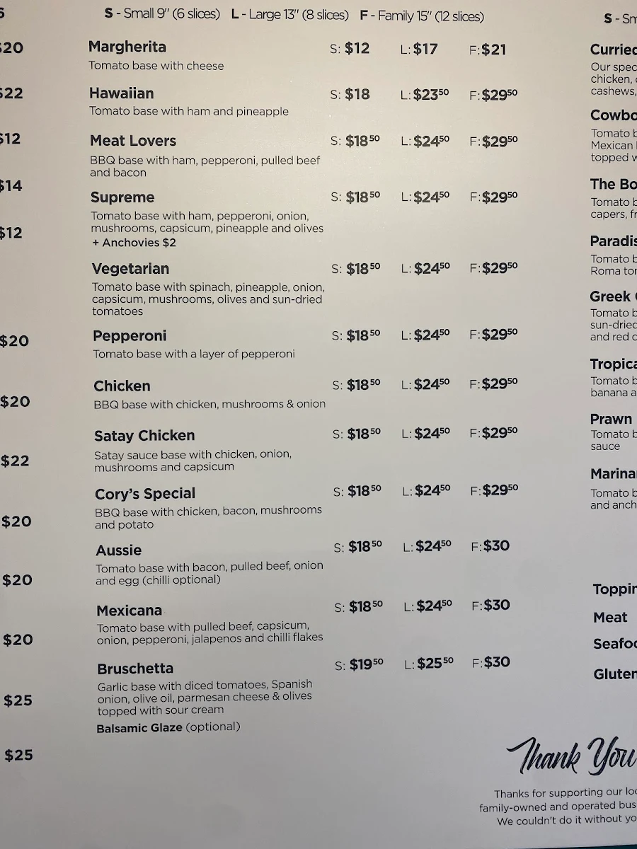 Menu, Paragon Pizzeria