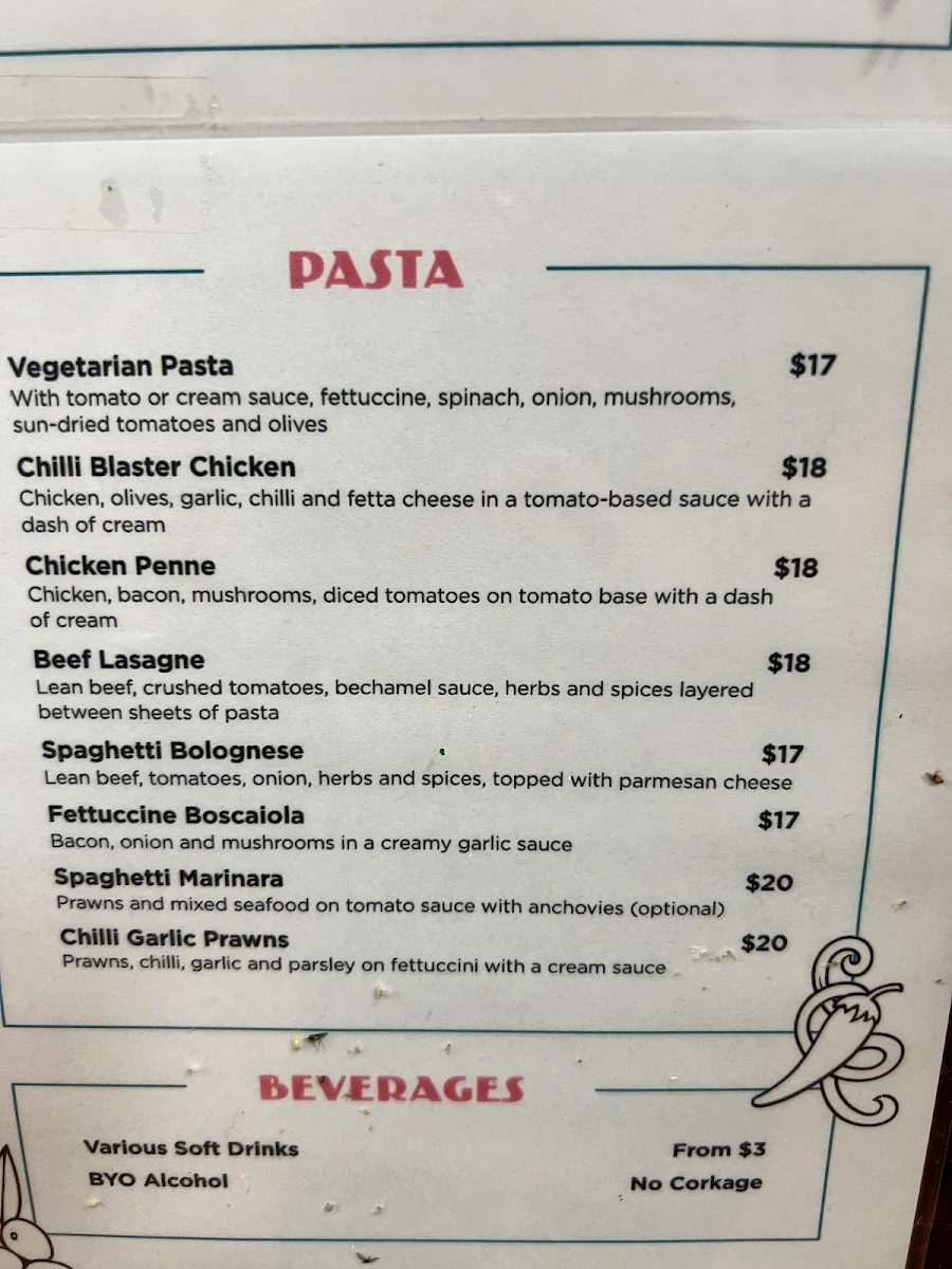 Menu, Paragon Pizzeria