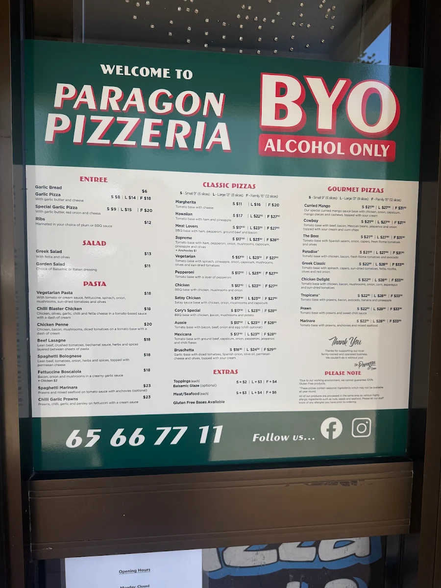 Menu, Paragon Pizzeria