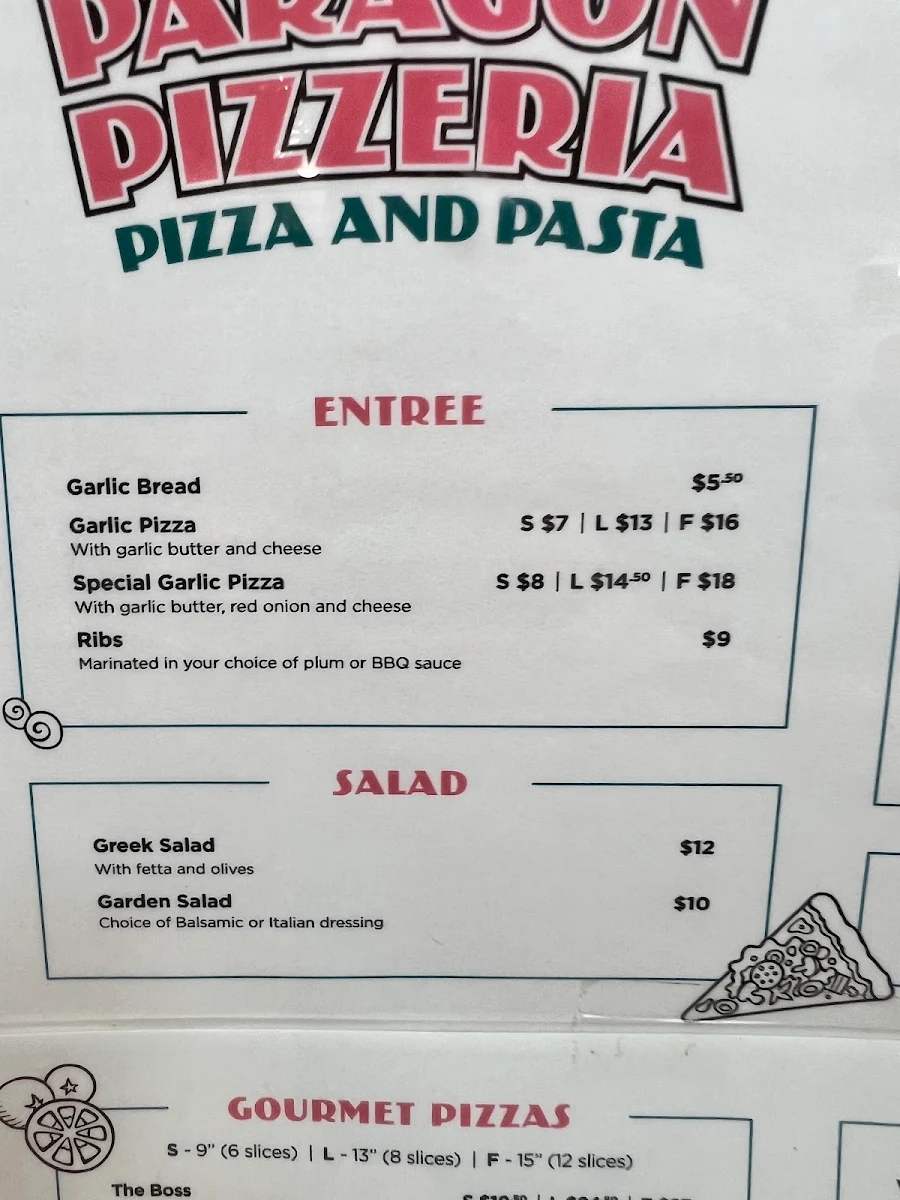 Menu, Paragon Pizzeria