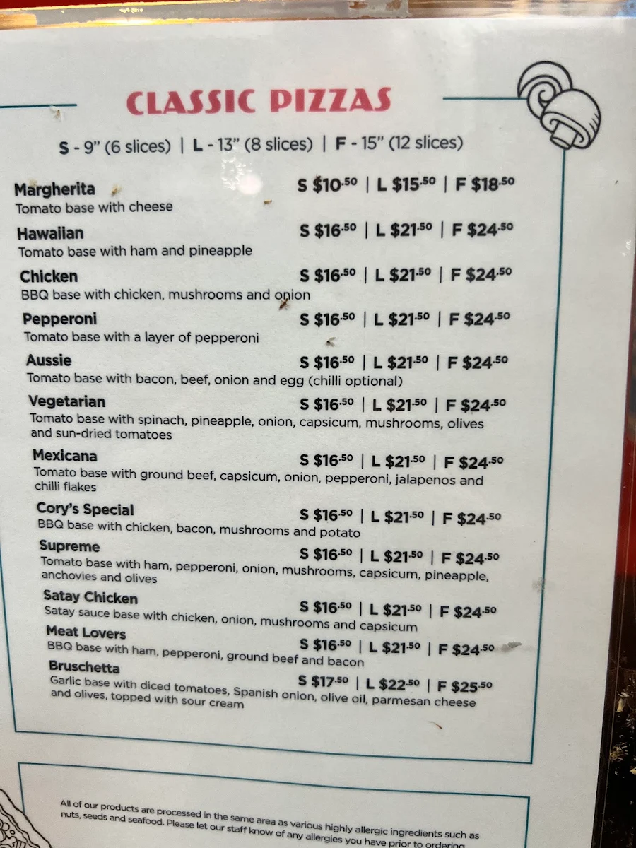 Menu, Paragon Pizzeria