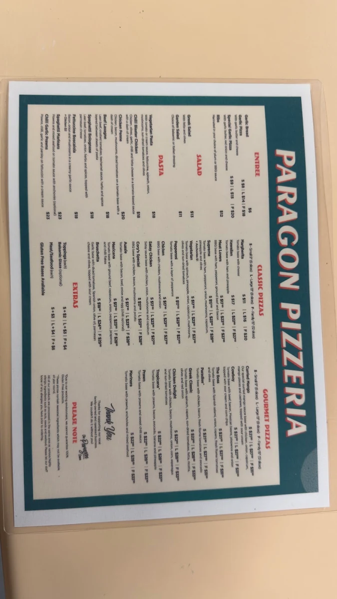 Menu, Paragon Pizzeria