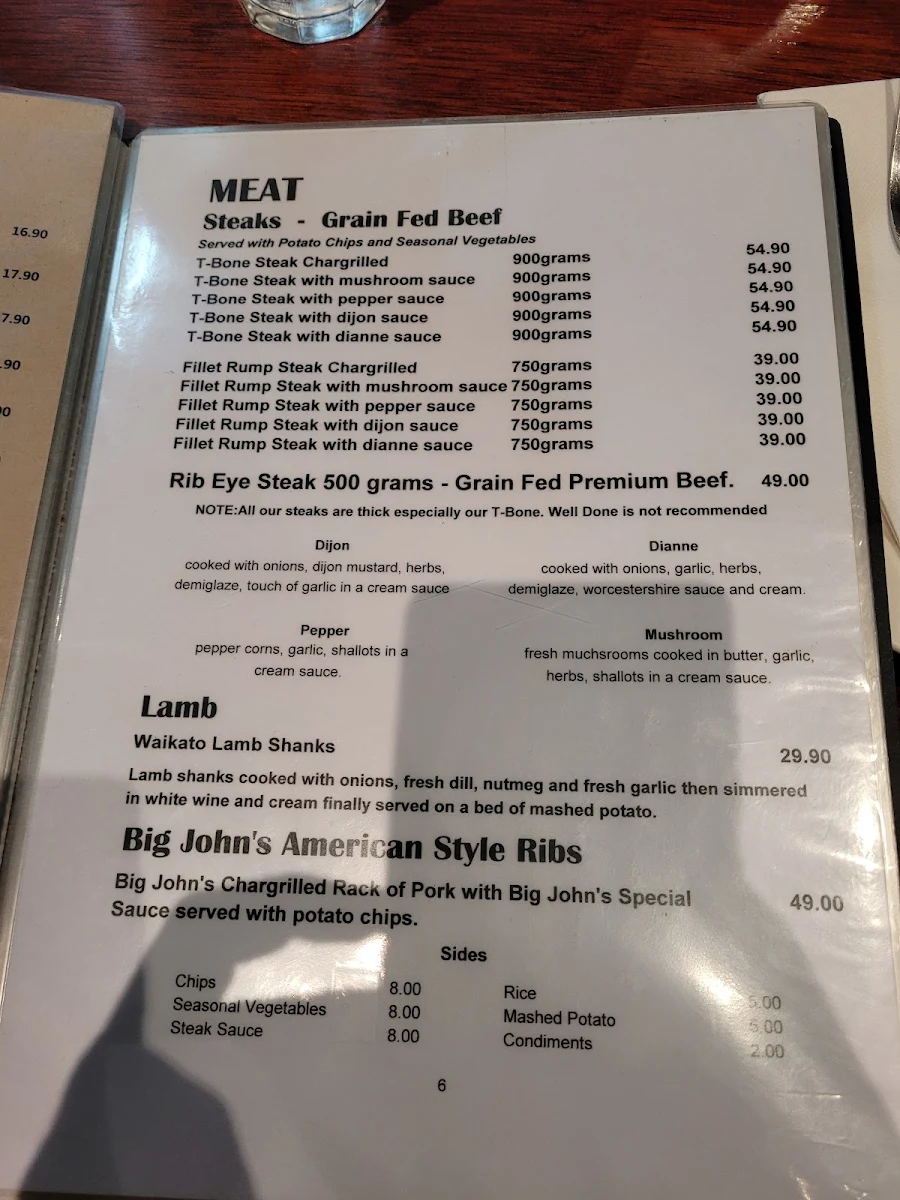 Menu, Big John's Italian Seafood Restaurant