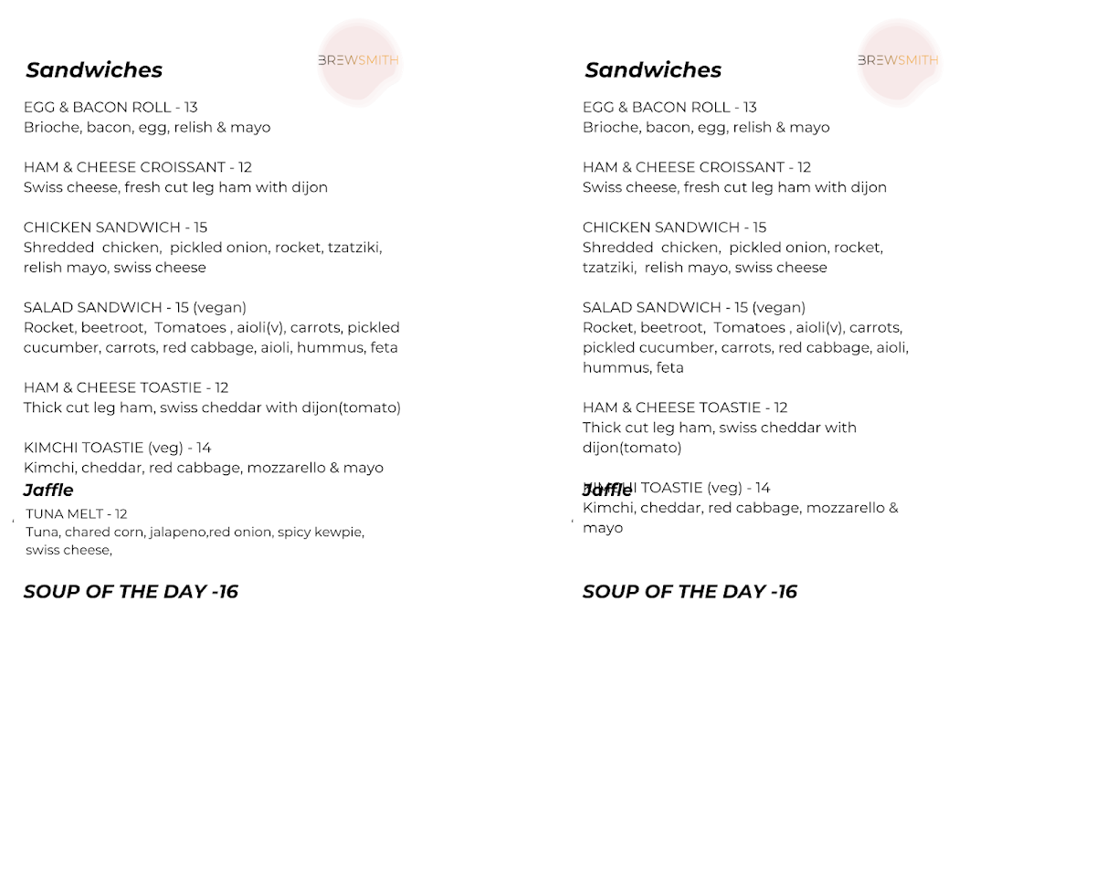Menu, BREWSMITH - Fitzroy