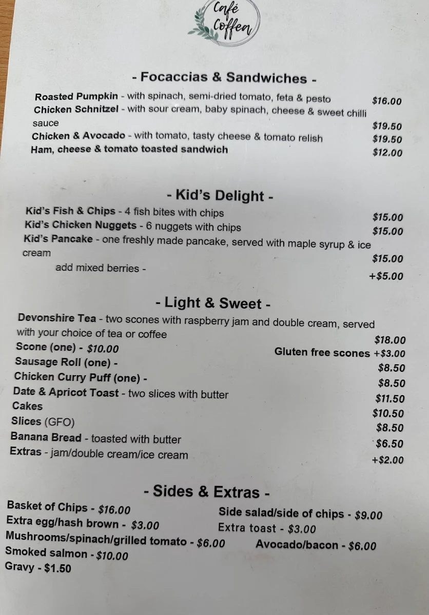 Menu, Cafe Coffea