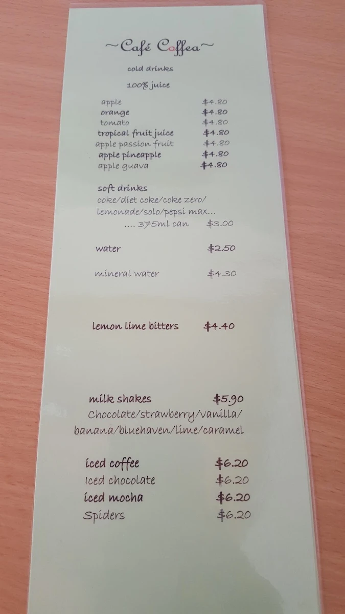 Menu, Cafe Coffea