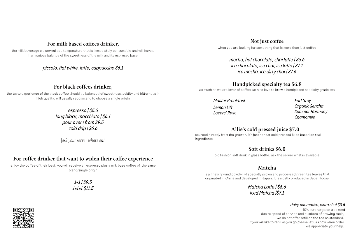 Menu, Coffee Anthology