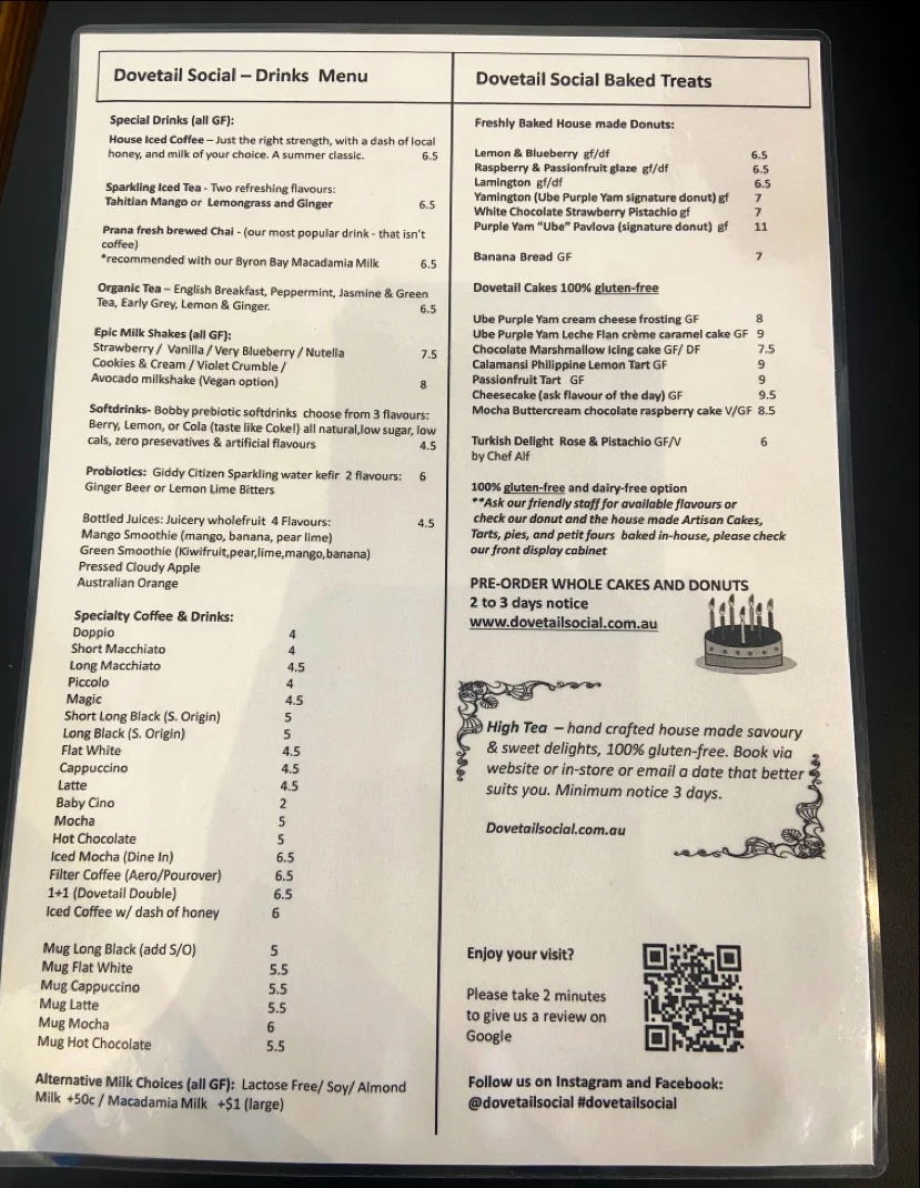 Menu, Dovetail Social