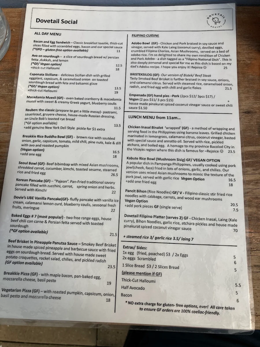 Menu, Dovetail Social