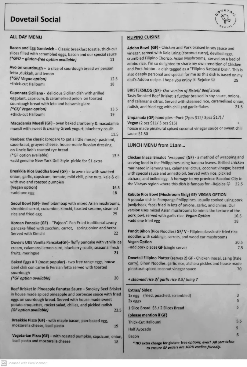 Menu, Dovetail Social