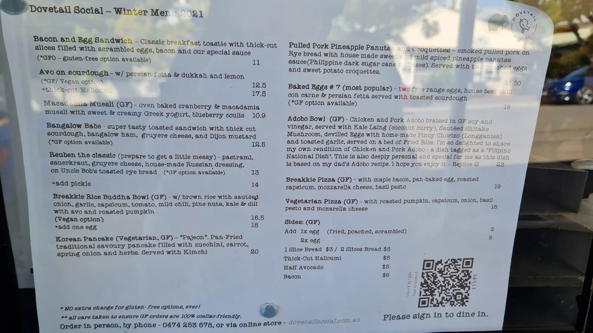 Menu, Dovetail Social
