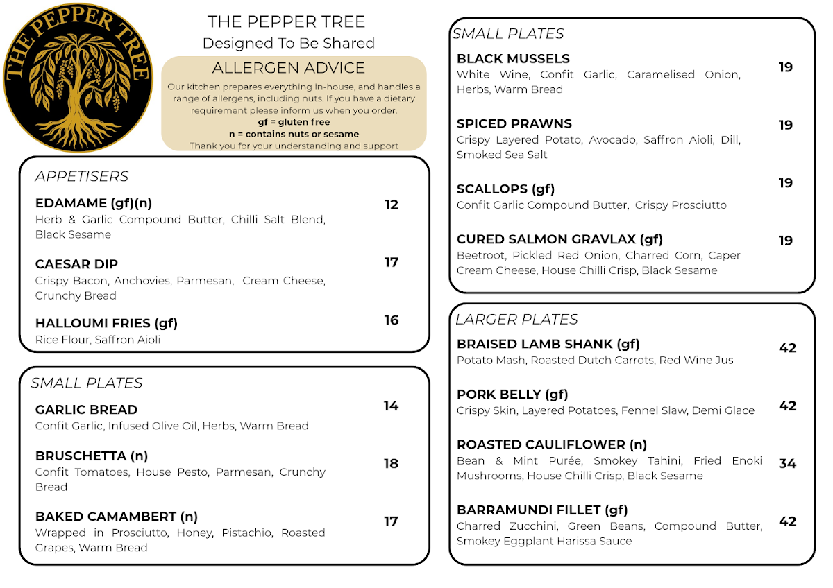 Menu, The Pepper Tree Essendon