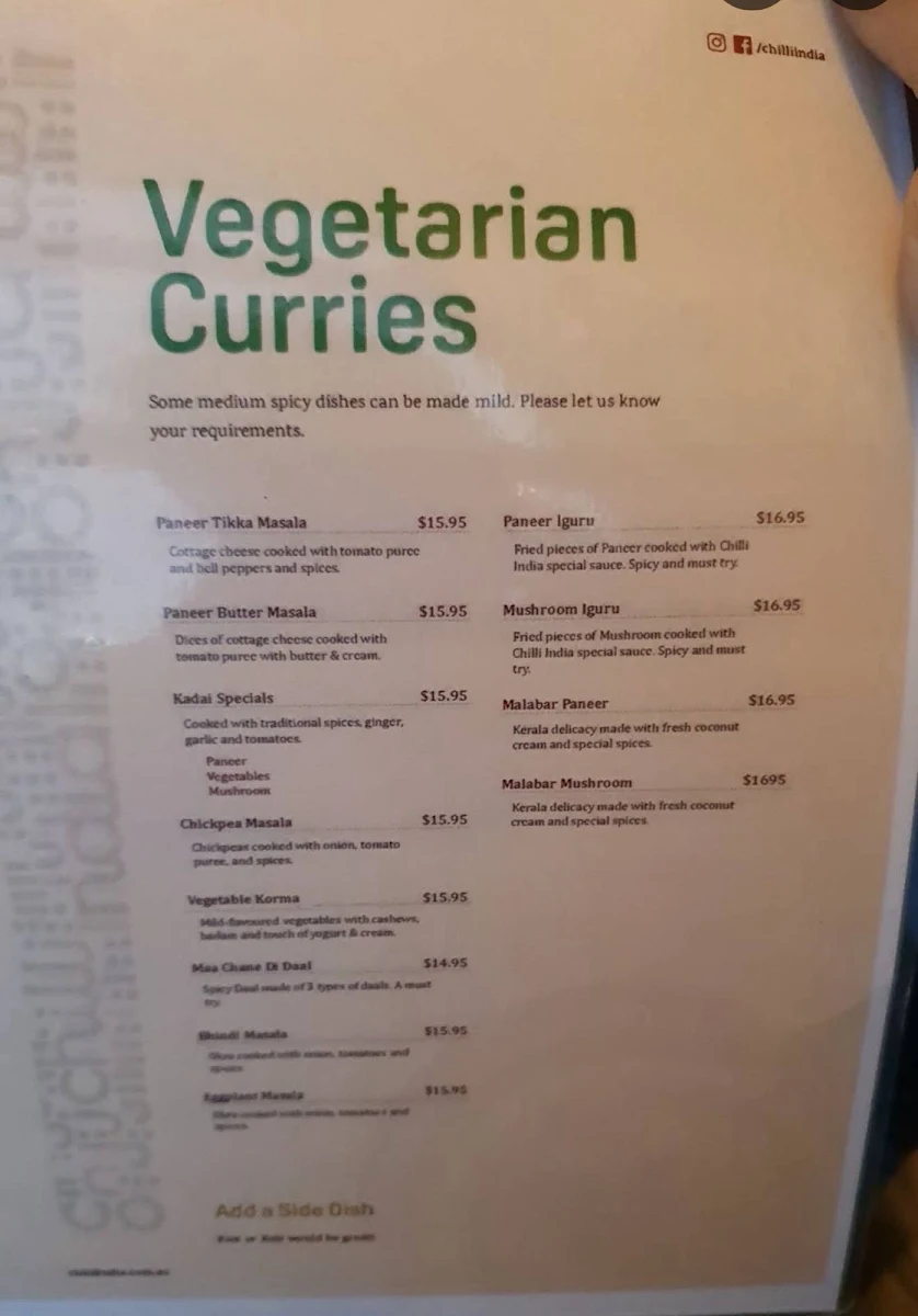 Menu, Chilli India Epping
