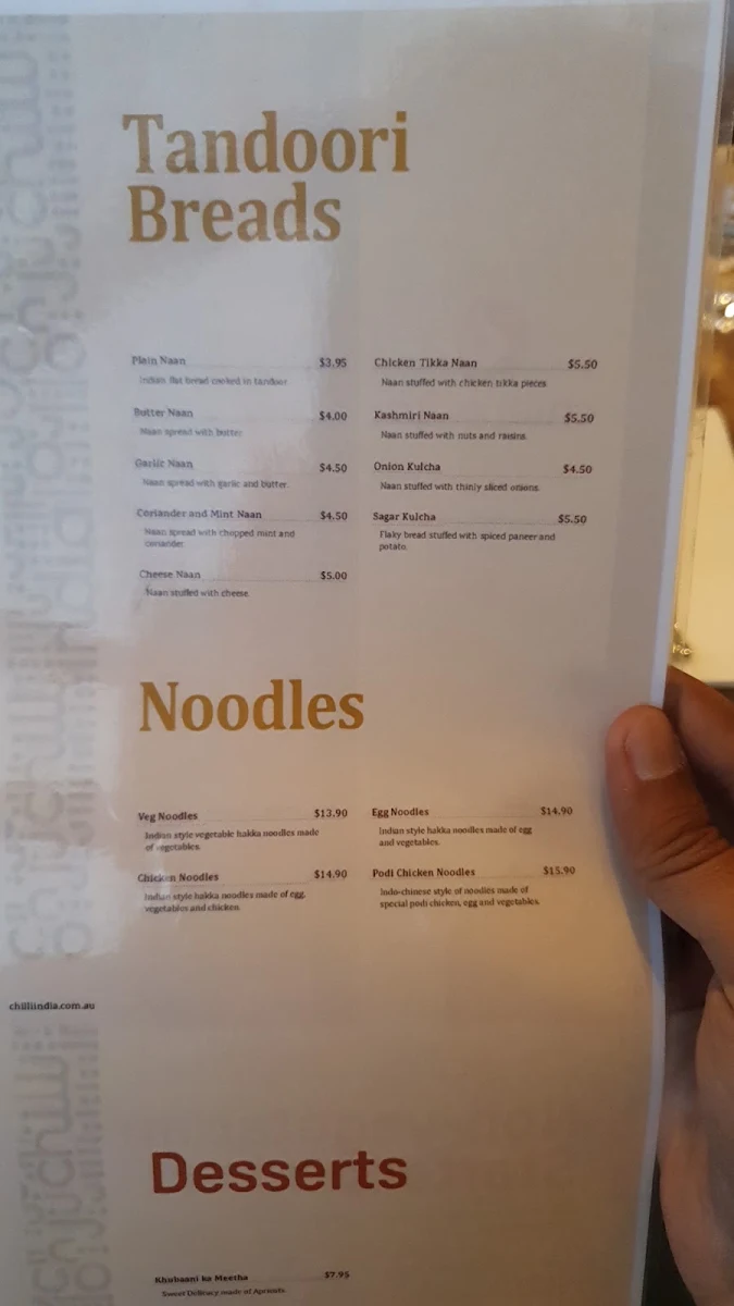 Menu, Chilli India Epping