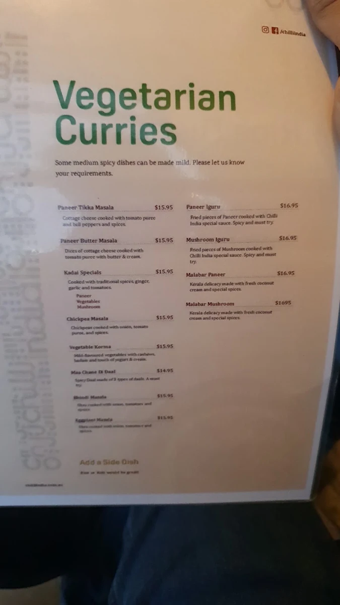 Menu, Chilli India Epping
