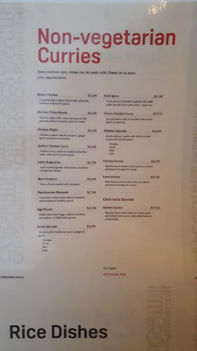 Menu, Chilli India Epping