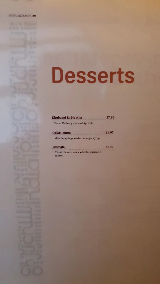 Menu, Chilli India Epping