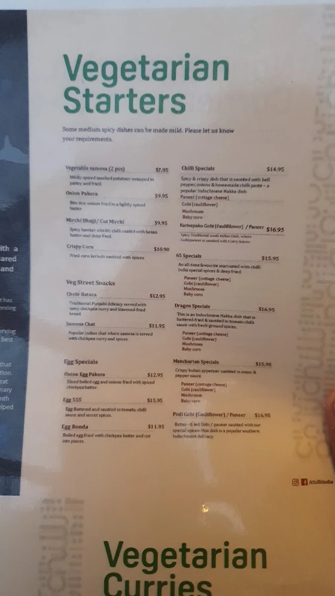 Menu, Chilli India Epping
