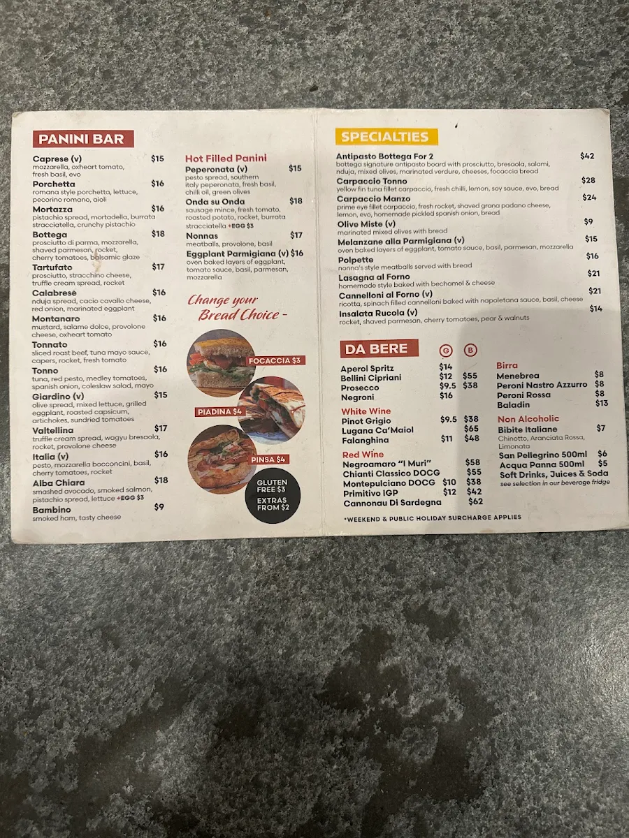 Menu, Bottega Sydney (Bondi)