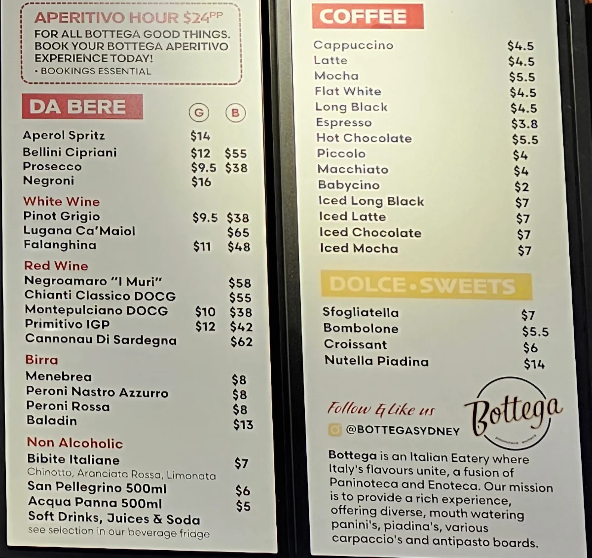 Menu, Bottega Sydney (Bondi)
