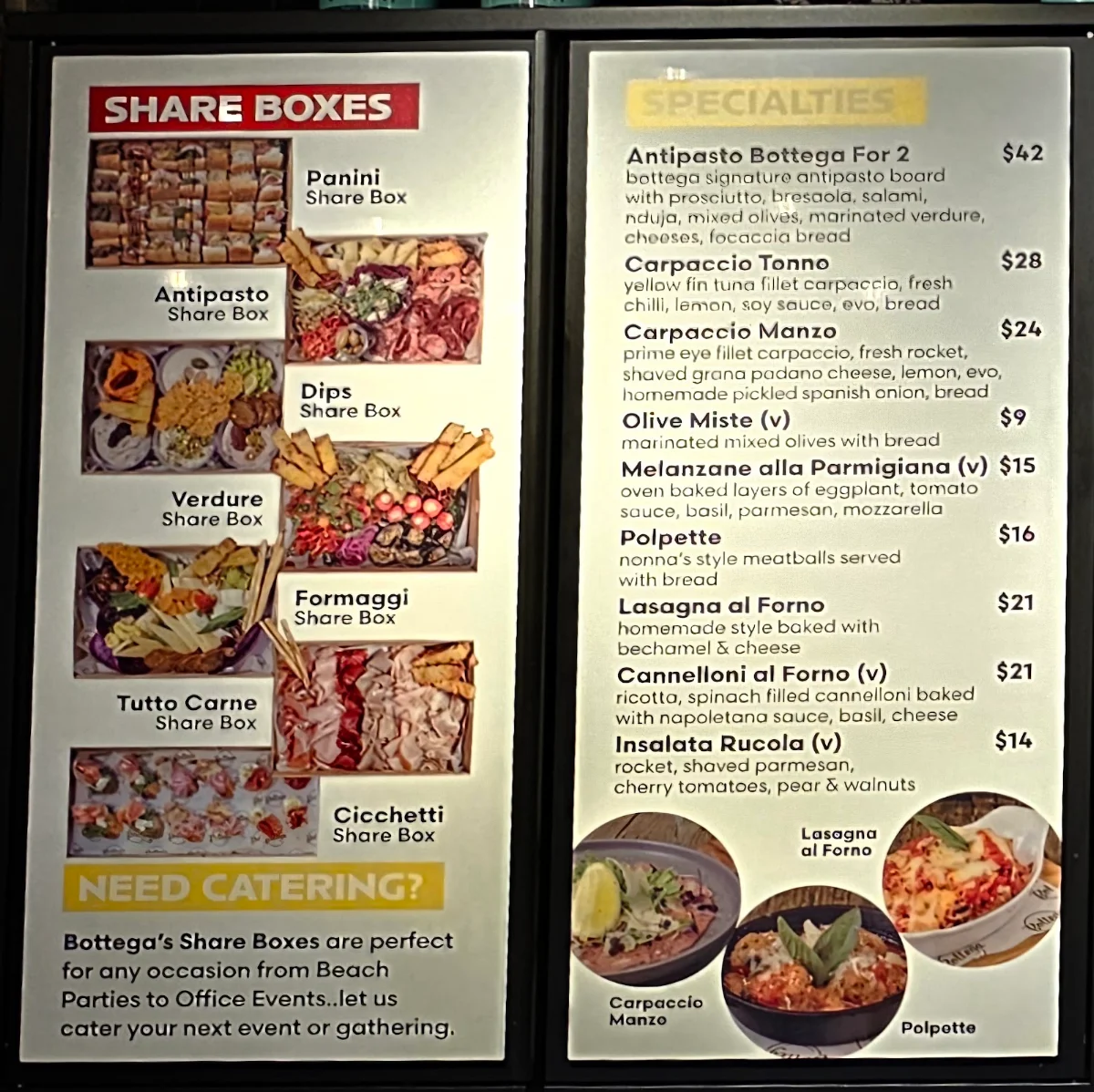 Menu, Bottega Sydney (Bondi)