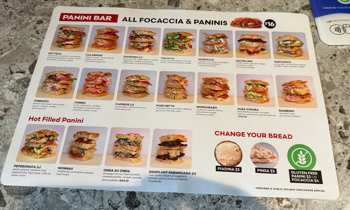 Menu, Bottega Sydney (Bondi)