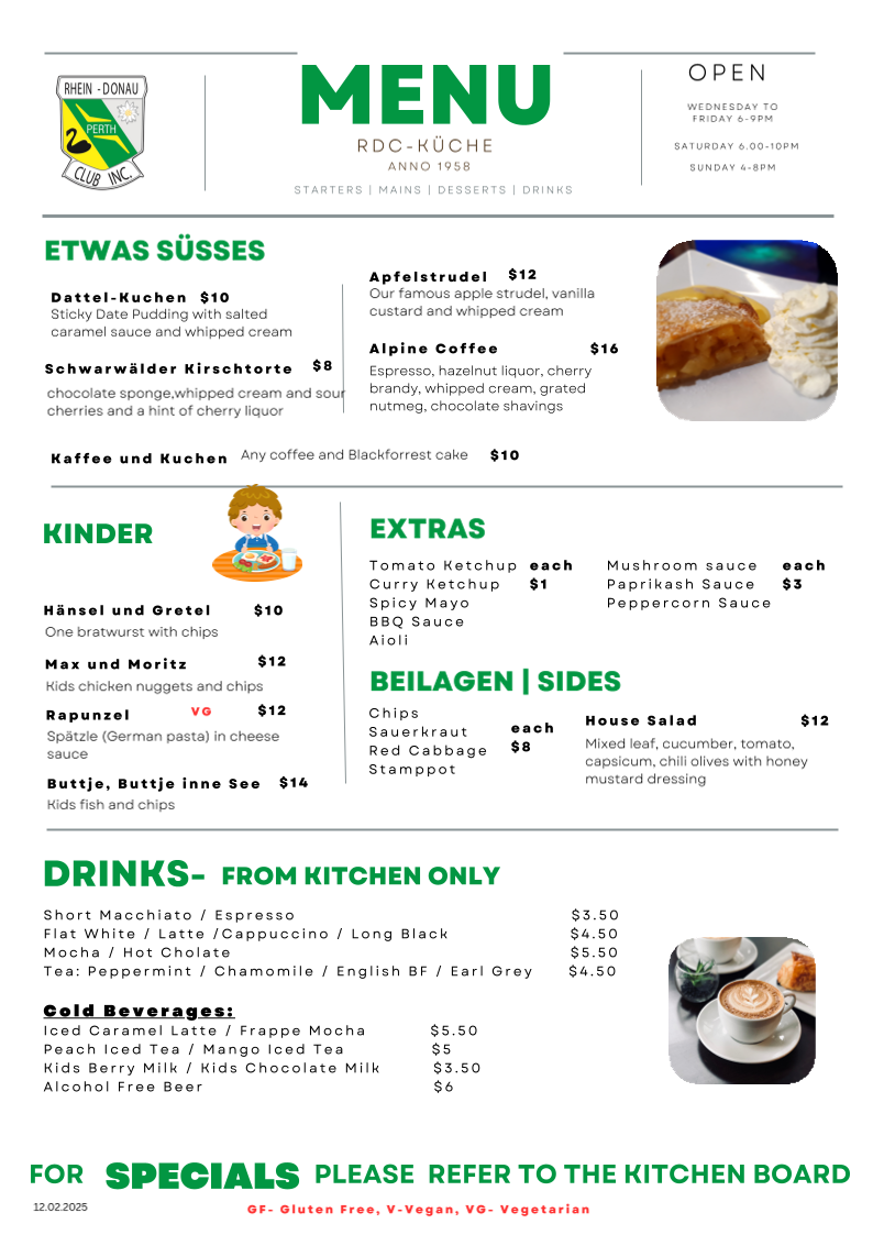 Menu, The Rhein-Donau Club Inc.