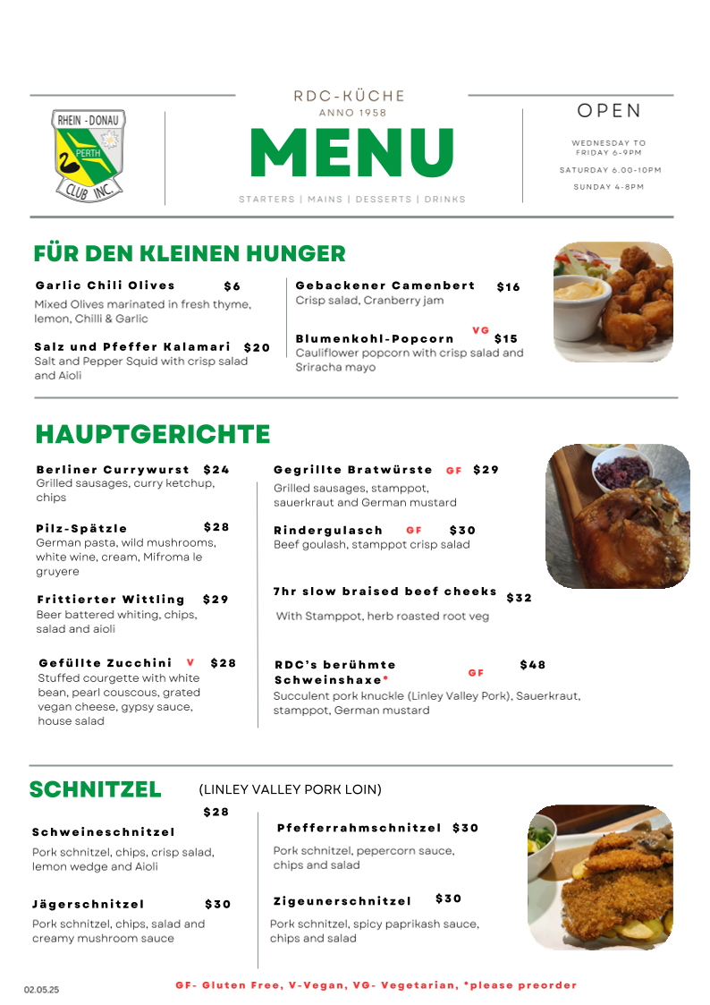 Menu, The Rhein-Donau Club Inc.