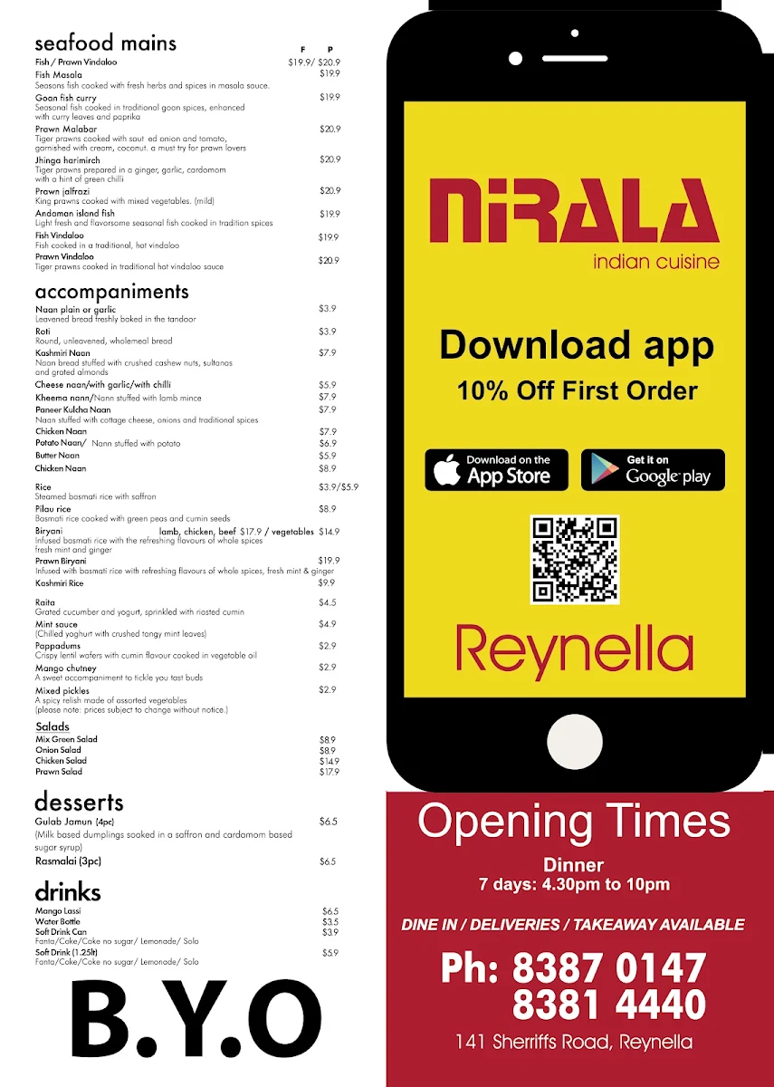 Menu, Nirala Indian Cuisine