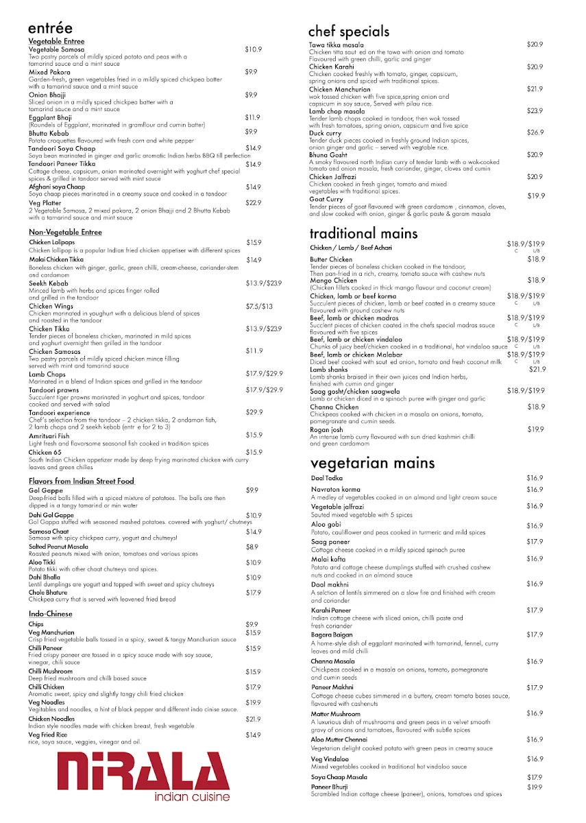 Menu, Nirala Indian Cuisine