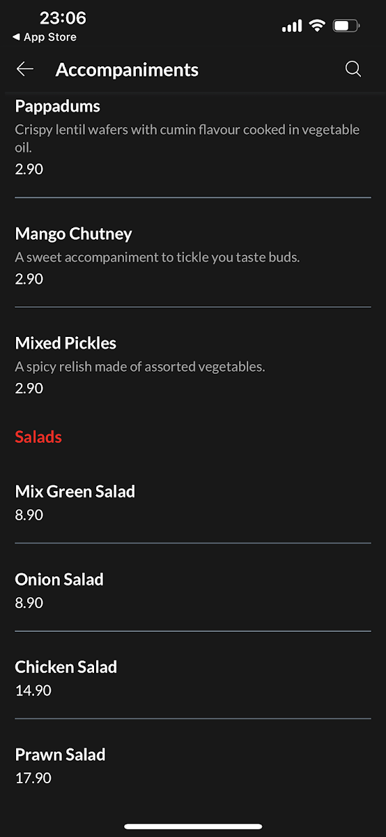 Menu, Nirala Indian Cuisine
