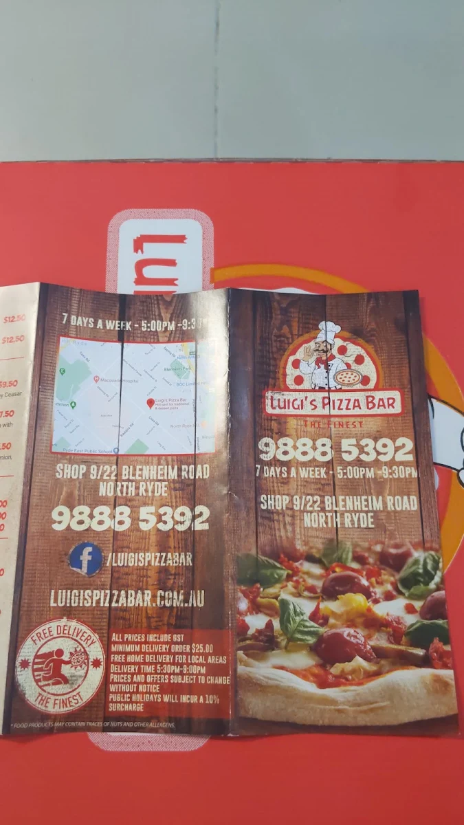 Menu, Luigi's Pizza Bar