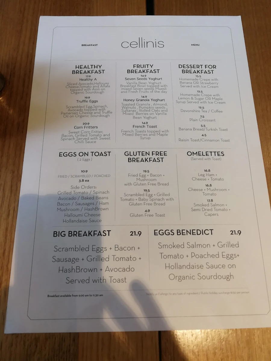 Menu, Cellinis